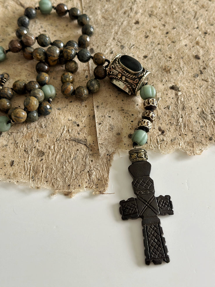 Hand Knotted Rosary With Carved Bone Cross and Bronzite