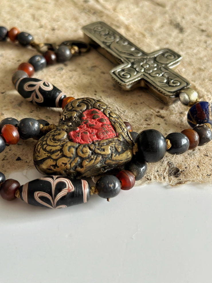 Hand Knotted Rosary with Buffalo Bone Cross Tibetan Silver, Brass, and Recycled Glass