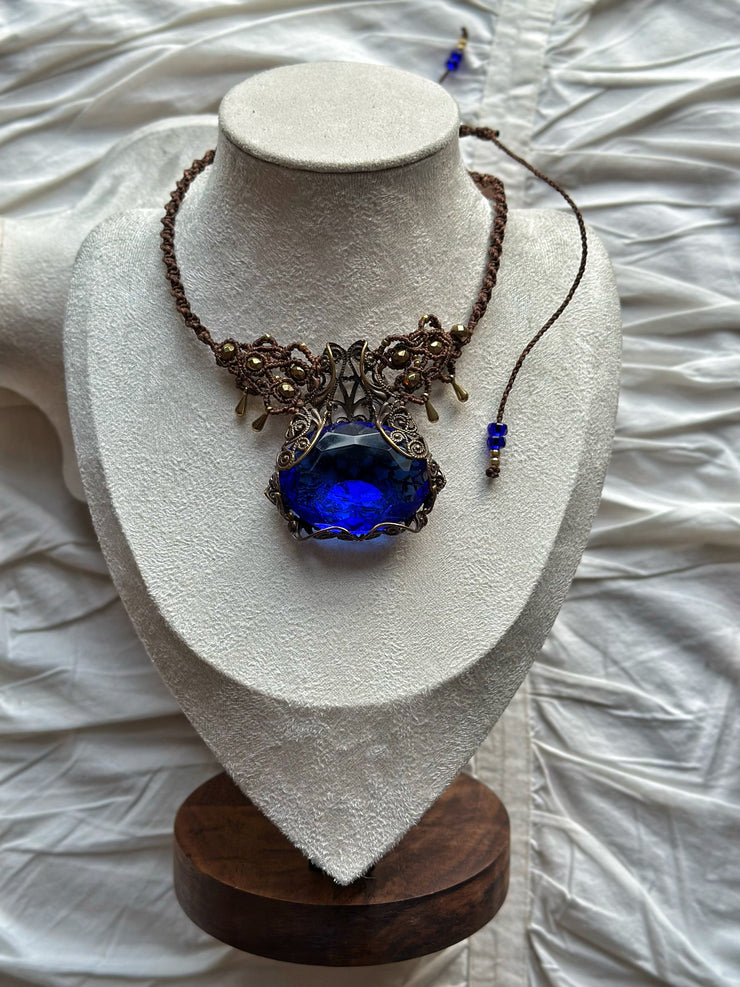 Micro Macrame Necklace with Rare Vintage Cobalt Czech Glass