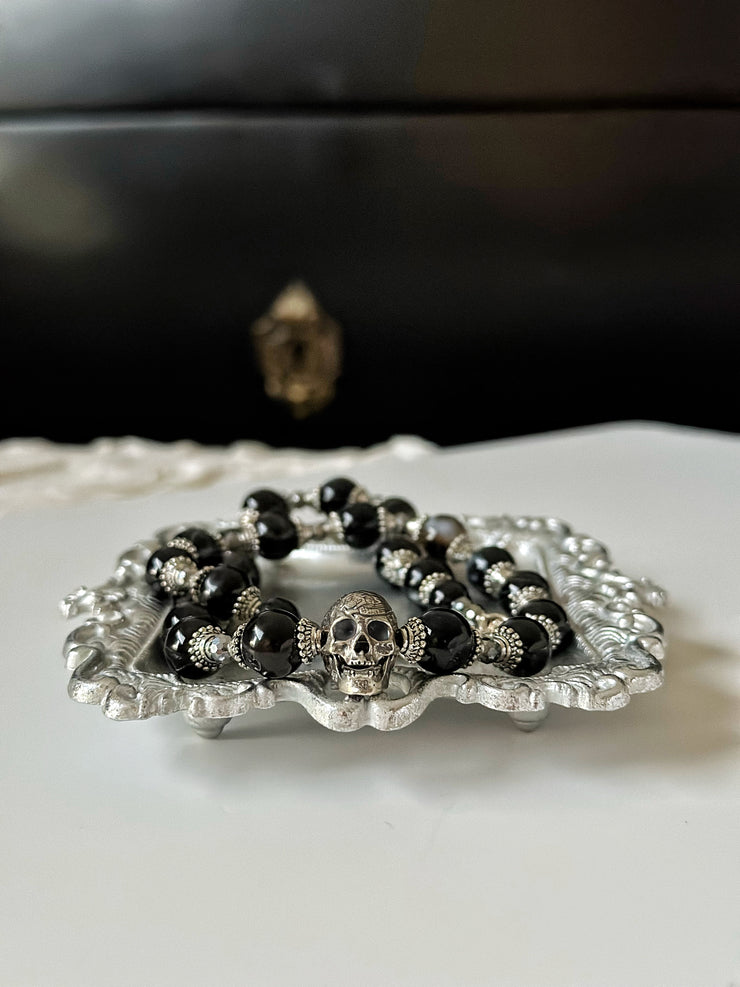 Black Onyx Silver Skull Necklace