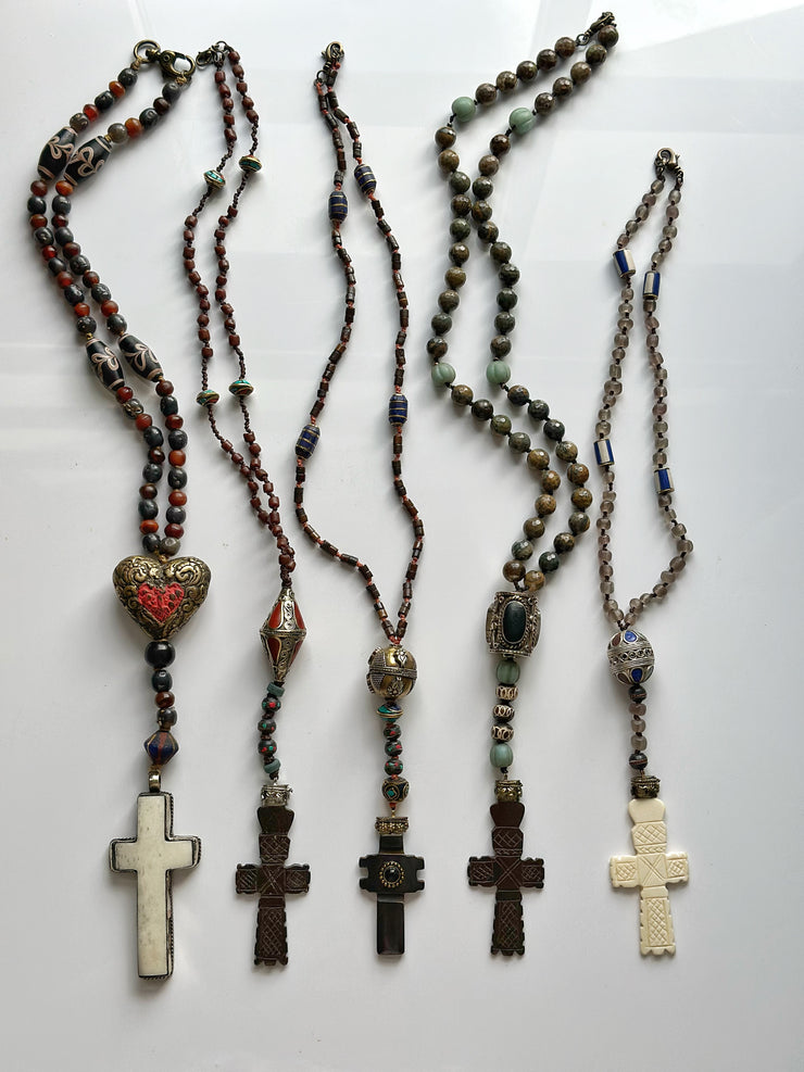 Hand Knotted Rosary with Buffalo Bone Cross Tibetan Silver, Brass, and Recycled Glass