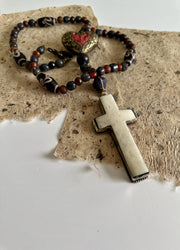 Hand Knotted Rosary with Buffalo Bone Cross Tibetan Silver, Brass, and Recycled Glass