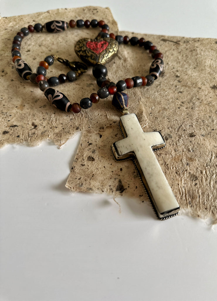 Hand Knotted Rosary with Buffalo Bone Cross Tibetan Silver, Brass, and Recycled Glass