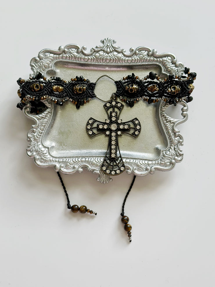 Gothic Cross and Skull Macrame Choker