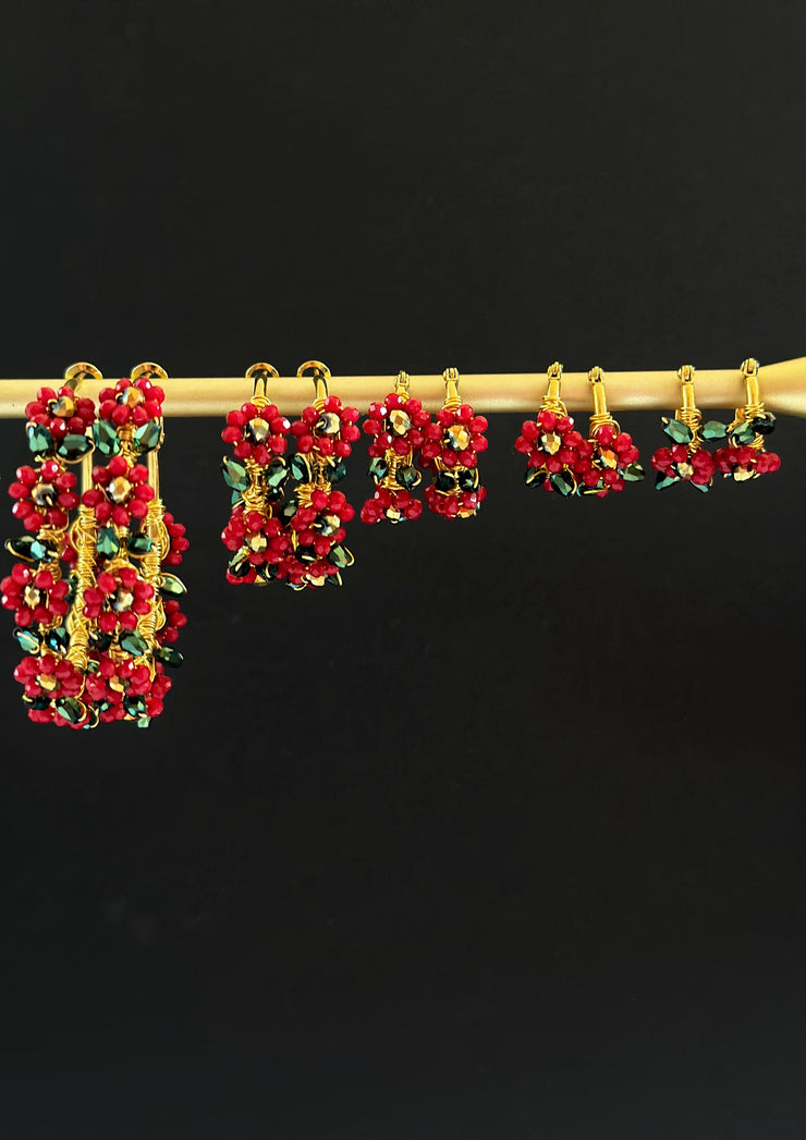 Hand Wrapped Red Flower Hoops with Metallic Green Leaves Small