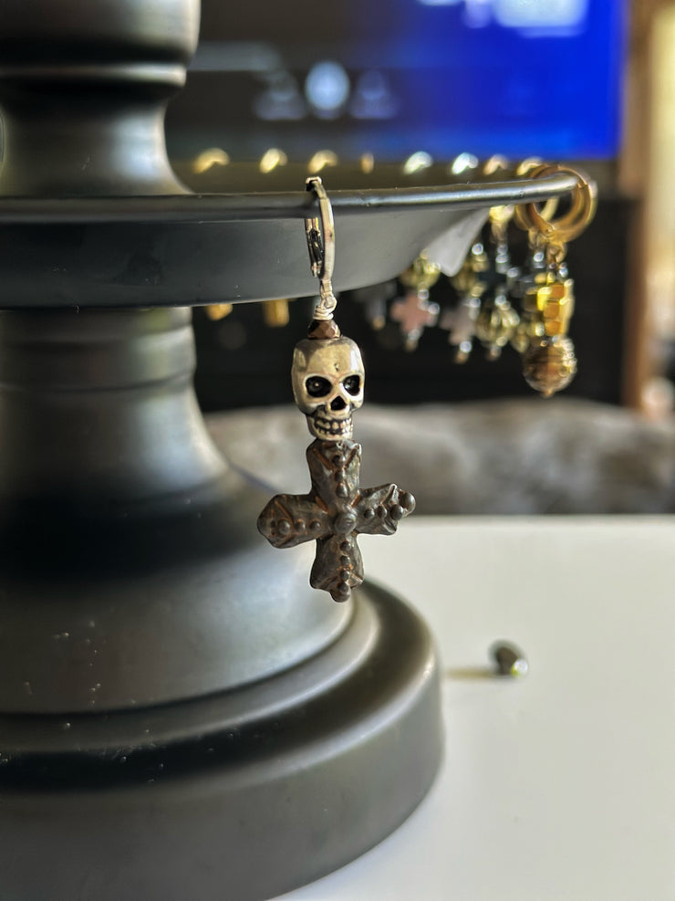 Silver Skull and Antique Cross Earring