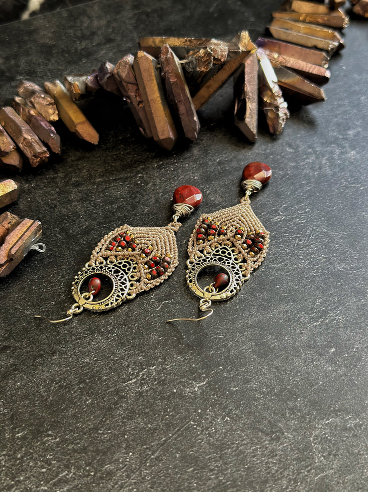 Czech Bead and Apple Jasper Macrame Earrings