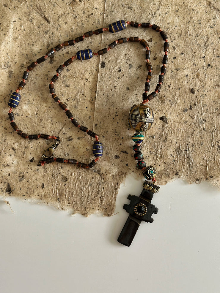 Hand Knotted Rosary with Carved Bone Inlaid Lapiz Lazuli Cross