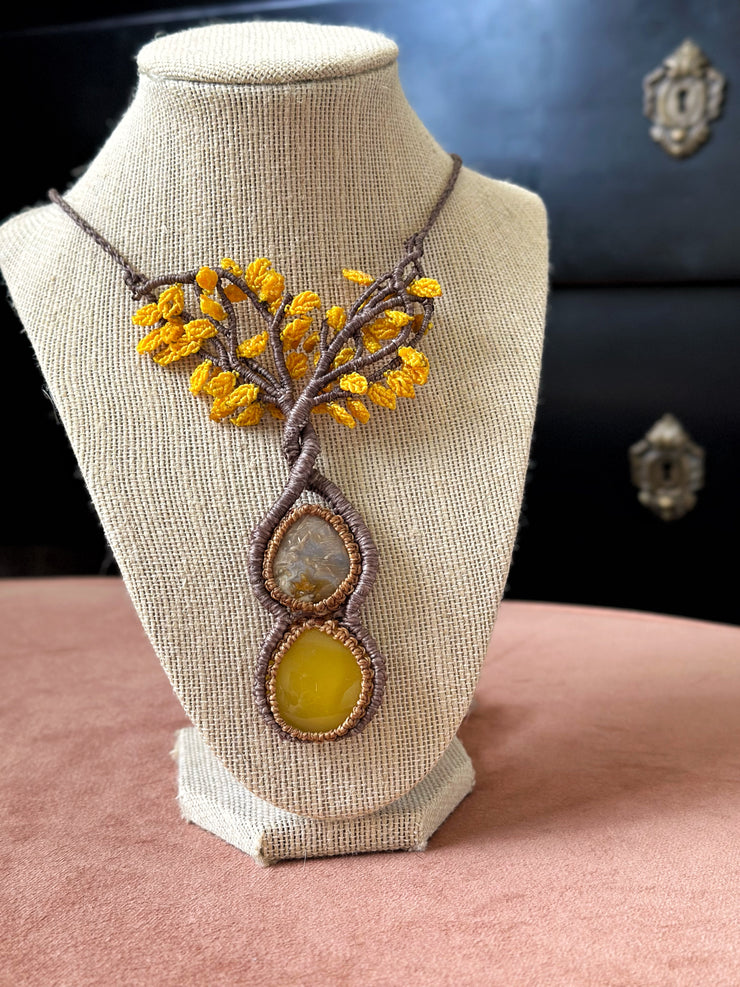 Agate and Yellow Onyx Tree of Life Necklace