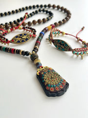 Mala Necklace Brass Coral Turquoise Wood