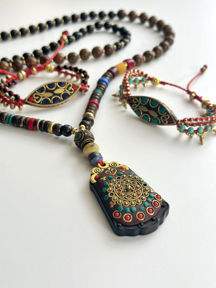 Mala Necklace Brass Coral Turquoise Wood
