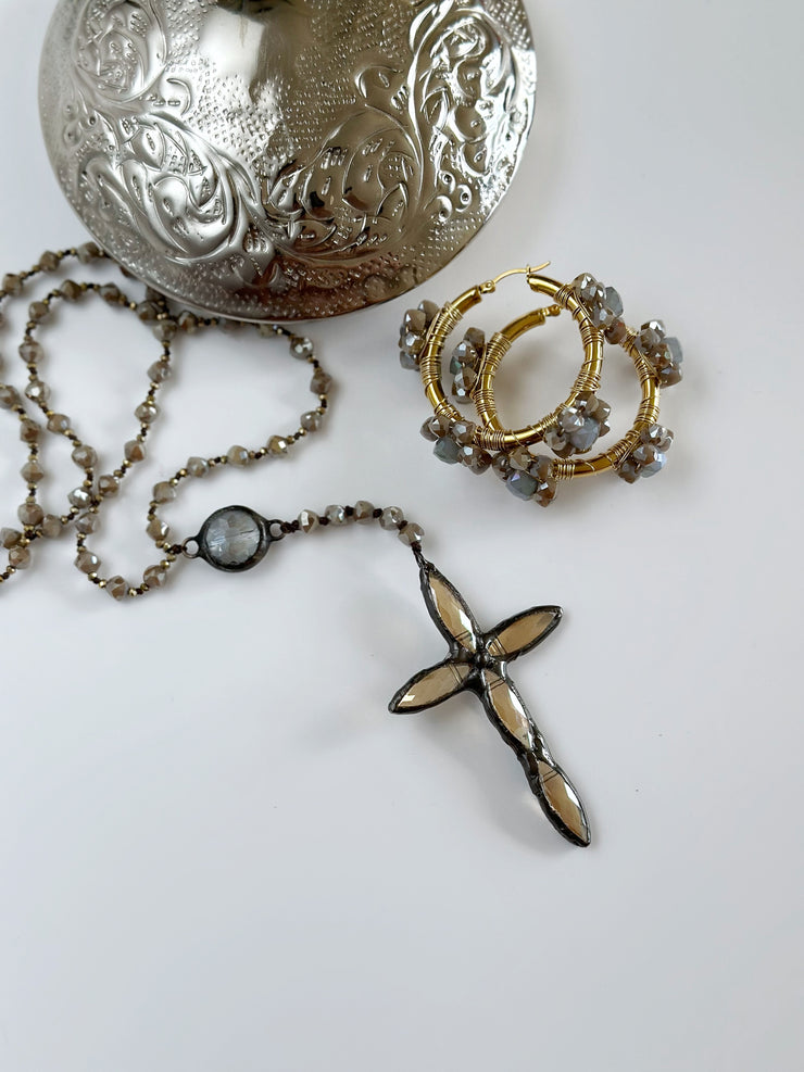 Hand Tied Smokey Crystal Cross Pendant