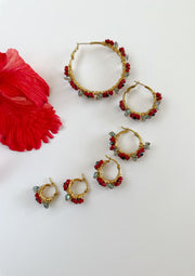 Hand Wrapped Beaded Red Flower Hoops Large