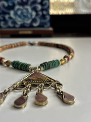 Turquoise Coral Coconut Brass and Silver Necklace