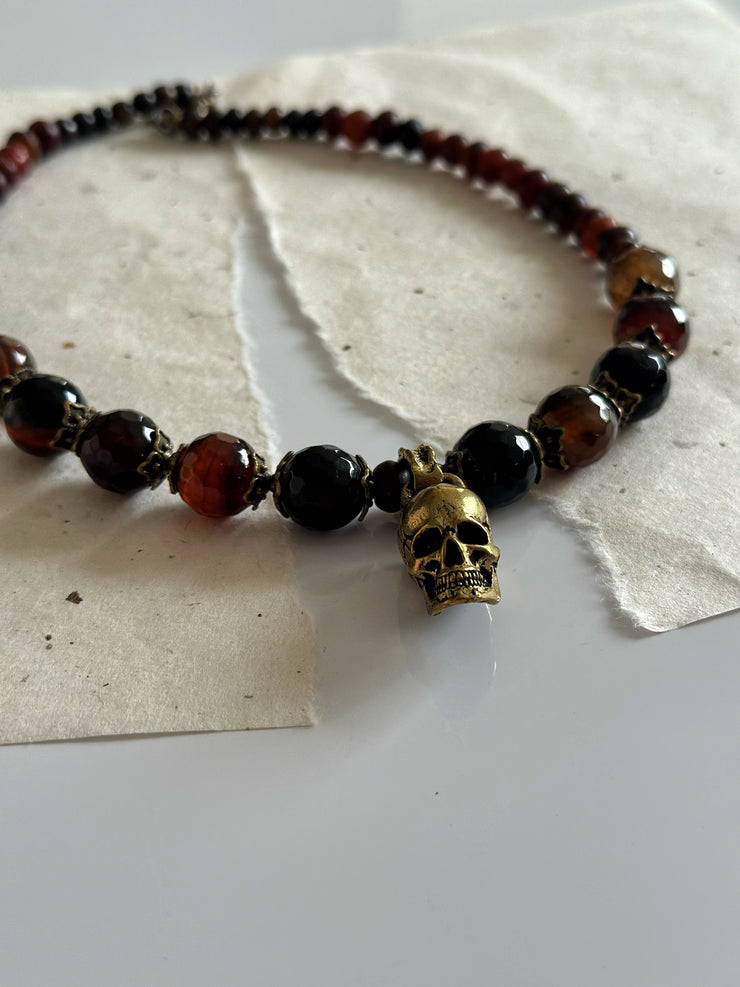 Antique Gold and Agate Skull Necklace