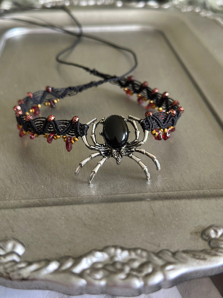 Black Onyx Spider and Garnet Chips Macrame Choker