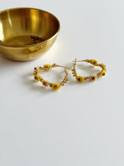 Hand Wrapped Yellow Flower Heart Hoops