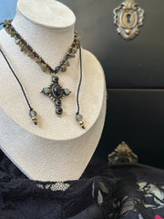 Onyx and Opal Cross Macrame Choker with Labradorite