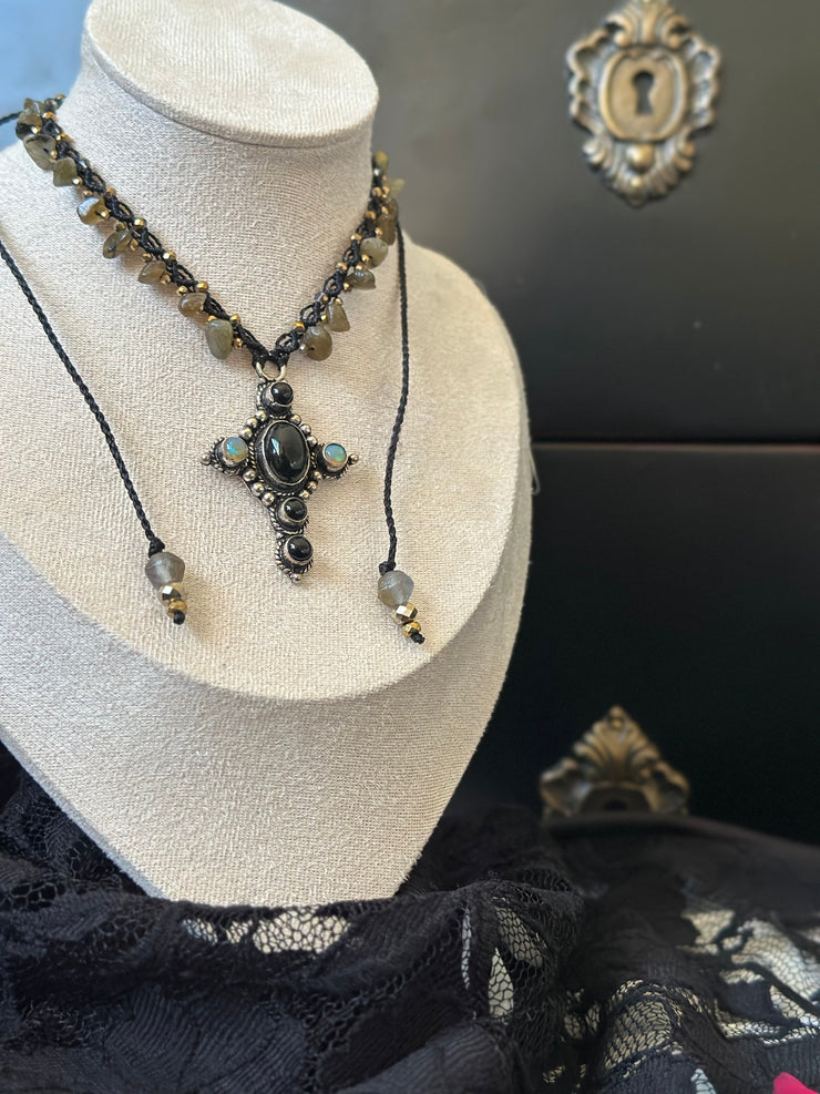 Onyx and Opal Cross Macrame Choker with Labradorite