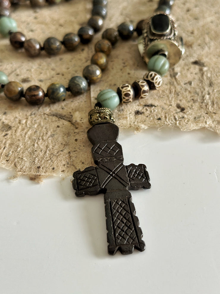 Hand Knotted Rosary With Carved Bone Cross and Bronzite