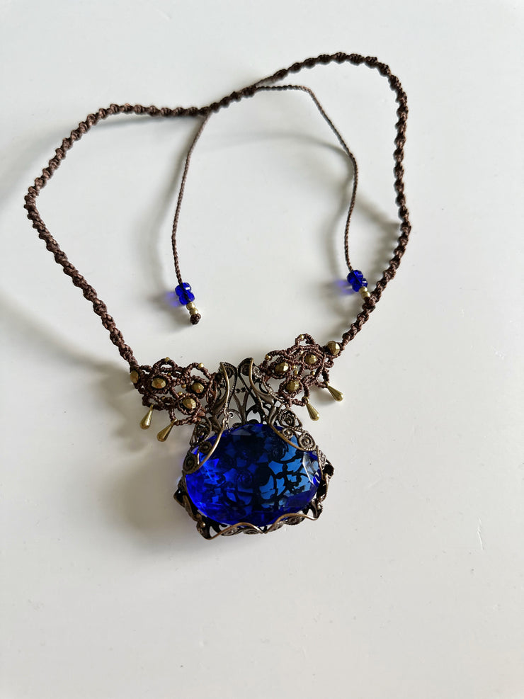 Micro Macrame Necklace with Rare Vintage Cobalt Czech Glass