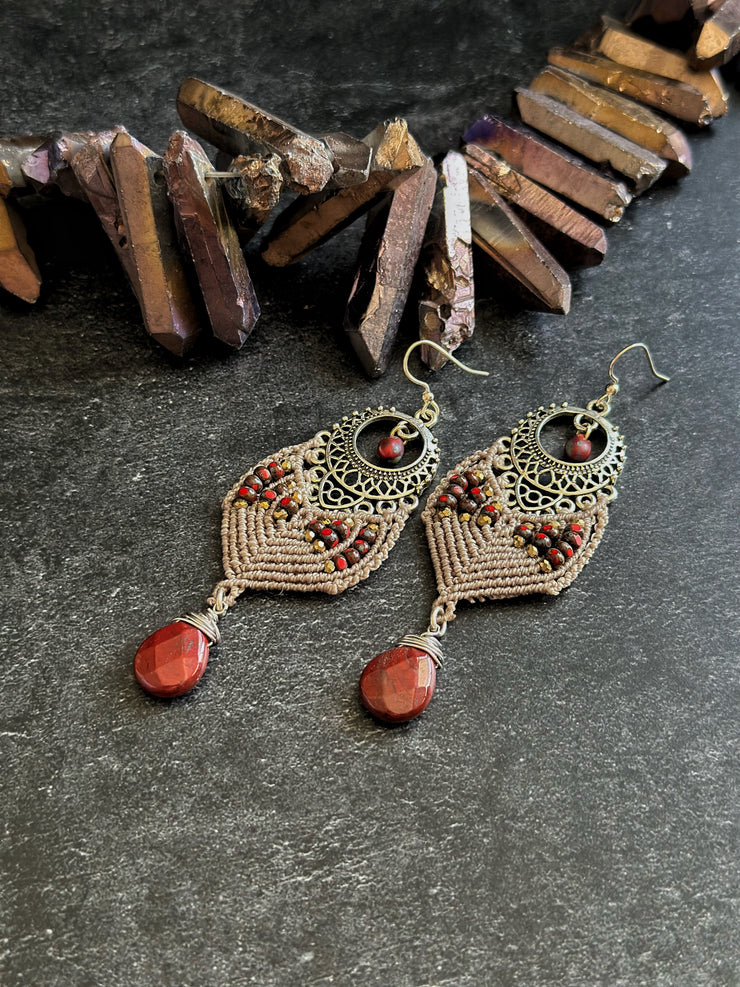 Czech Bead and Apple Jasper Macrame Earrings