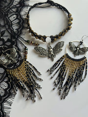 Night Moth Beaded Fringe Earrings Mixed Metal