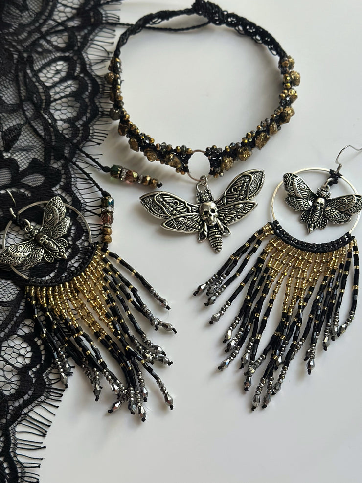 Night Moth Beaded Fringe Earrings Mixed Metal