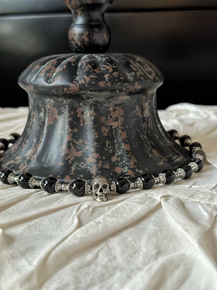 Black Onyx Silver Skull Necklace