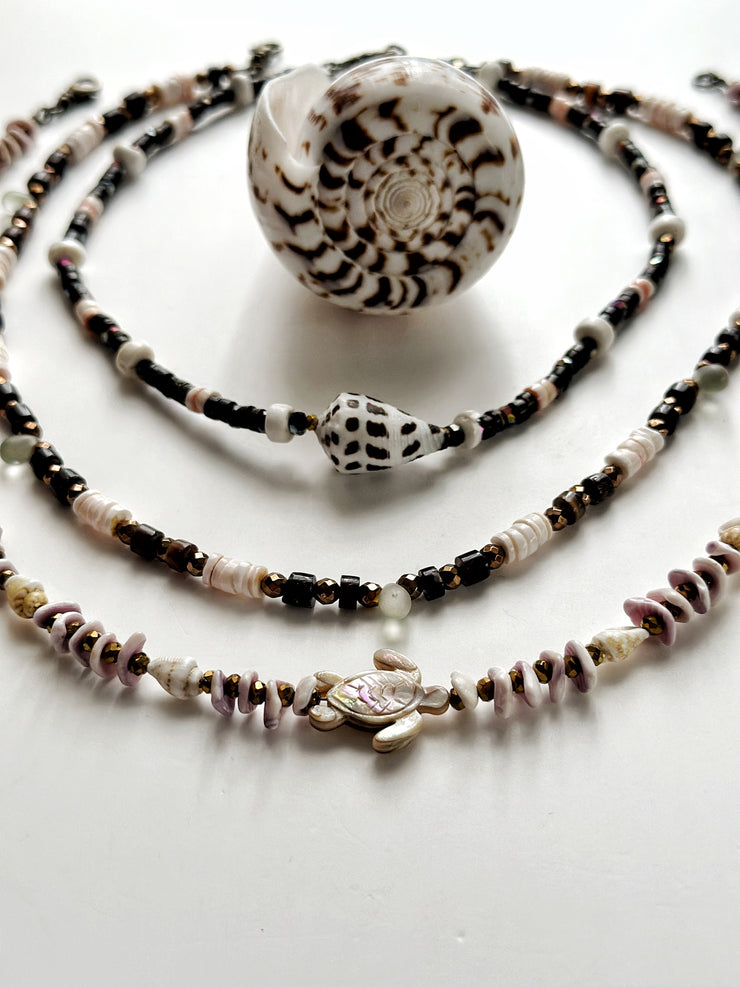 Red Lip Shell, Black Lip Shell, Hematite and Sea Glass Necklace
