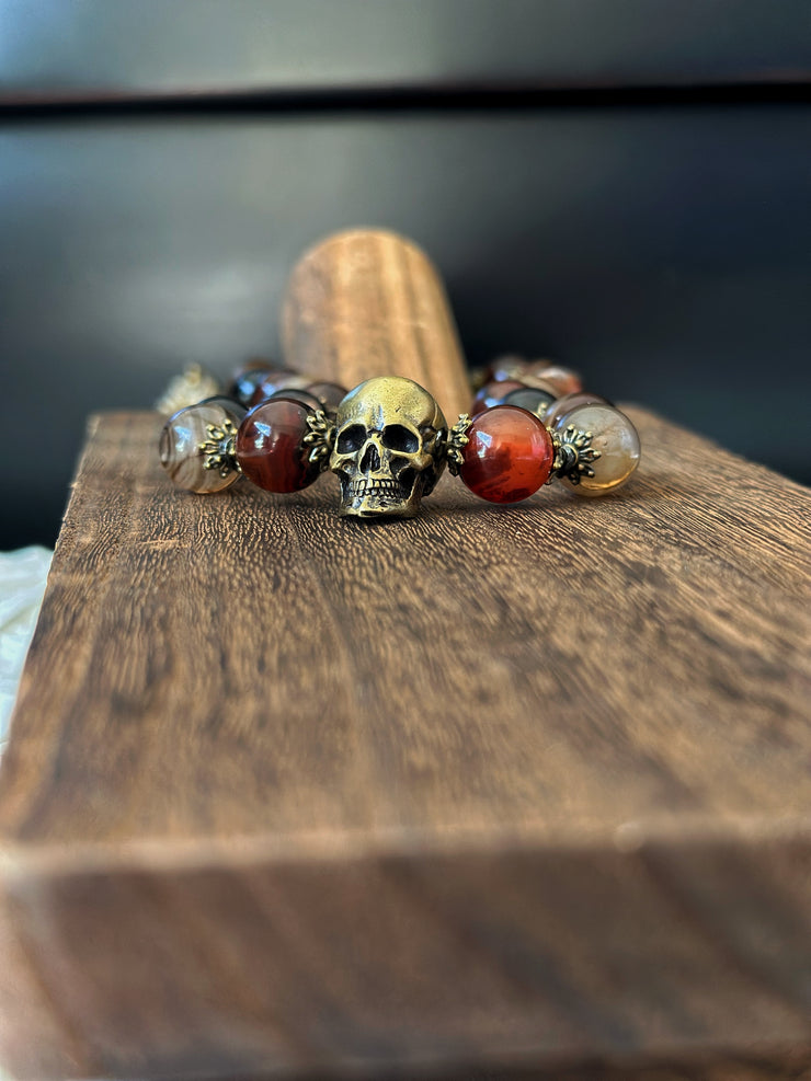 Red Agate Bronze Skull Necklace