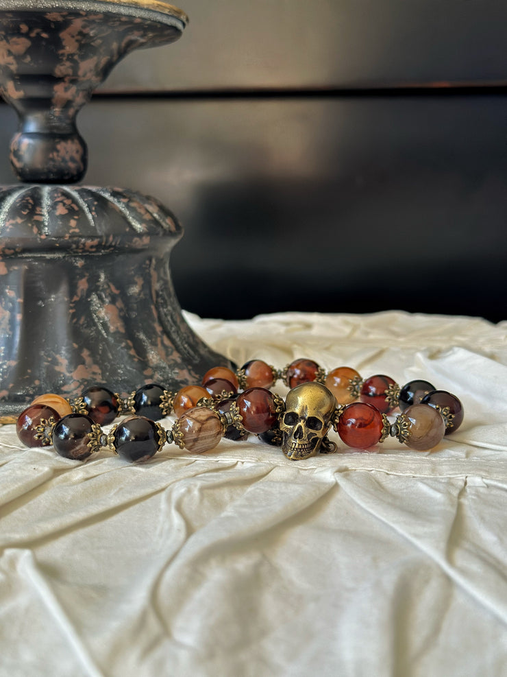 Red Agate Bronze Skull Necklace