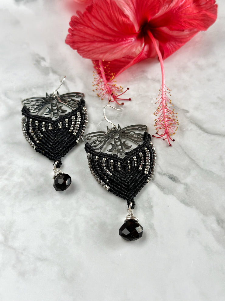 Beaded Butterfly Macrame Onyx Earrings