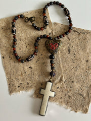 Hand Knotted Rosary with Buffalo Bone Cross Tibetan Silver, Brass, and Recycled Glass