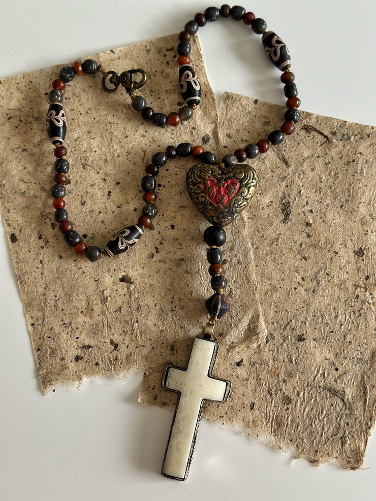 Hand Knotted Rosary with Buffalo Bone Cross Tibetan Silver, Brass, and Recycled Glass