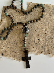 Hand Knotted Rosary With Carved Bone Cross and Bronzite