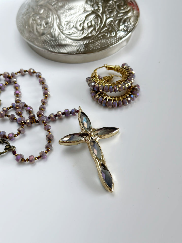 Lavender Hand Tied Crystal Cross Pendant