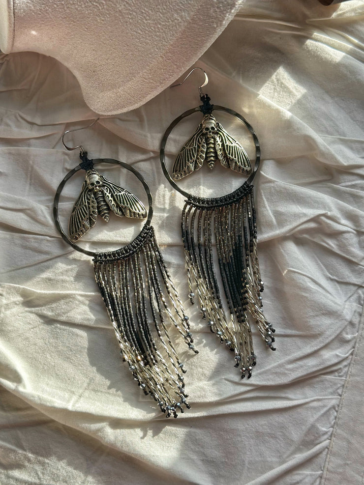 Gothic Night Moth Beaded Fringe Hoops