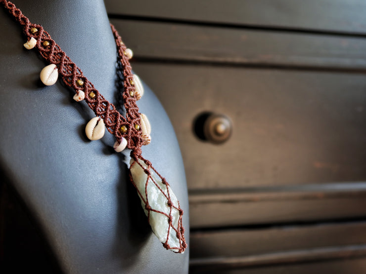 Raw Aquamarine Crystal Macrame Necklace with Cowrie Shells