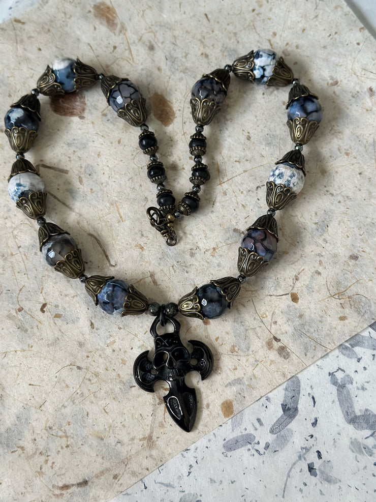 Dragon Vein Agate Skull Dagger Necklace