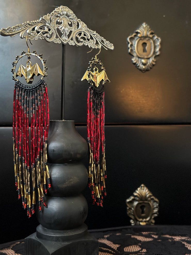 Spooky Bat Beaded Finge Earrings