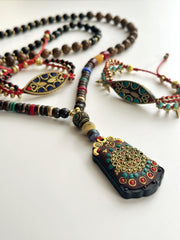 Mala Necklace Brass Coral Turquoise Wood