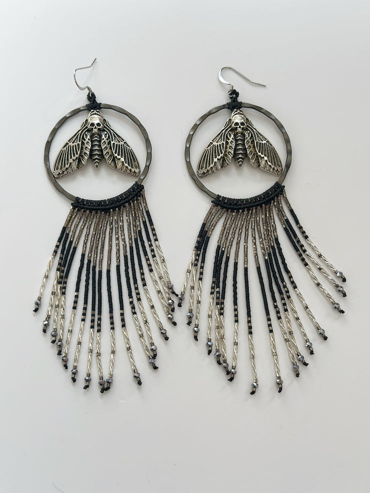 Gothic Night Moth Beaded Fringe Hoops