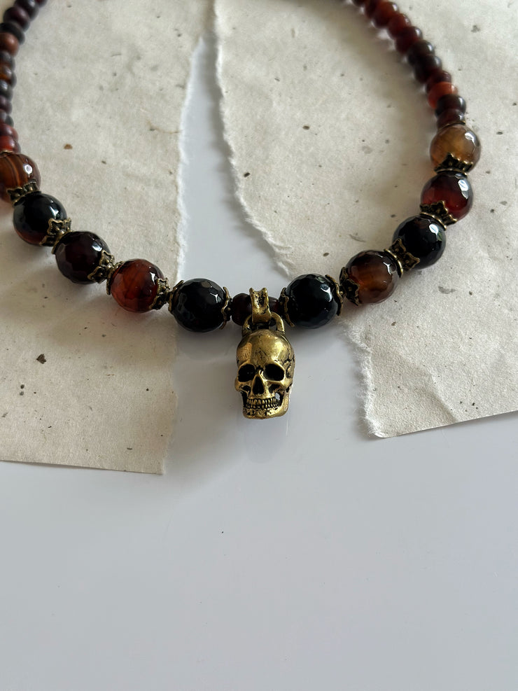 Antique Gold and Agate Skull Necklace