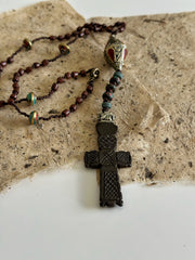Hand Knotted Rosary with Coral, Tibetan Brass and Carved Bone Cross