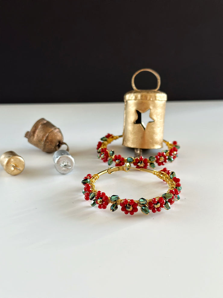 Hand Wrapped Red Flower with Metallic Green Leaves Hoops Large