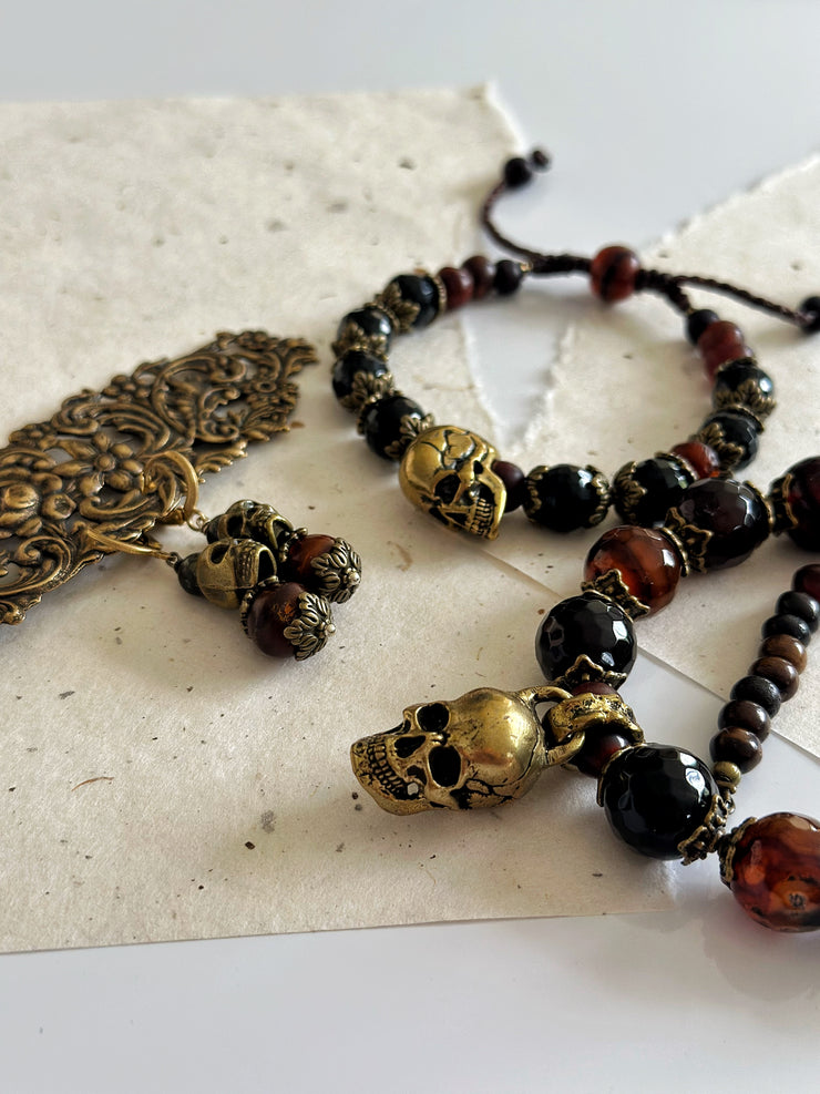 Antique Gold and Agate Skull Necklace