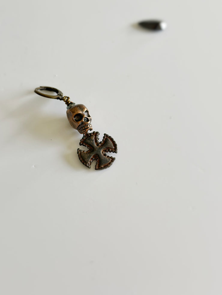 Copper Skull and Antique Cross Earring