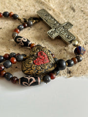 Hand Knotted Rosary with Buffalo Bone Cross Tibetan Silver, Brass, and Recycled Glass