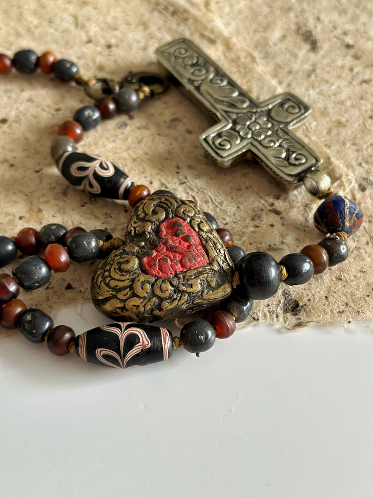 Hand Knotted Rosary with Buffalo Bone Cross Tibetan Silver, Brass, and Recycled Glass